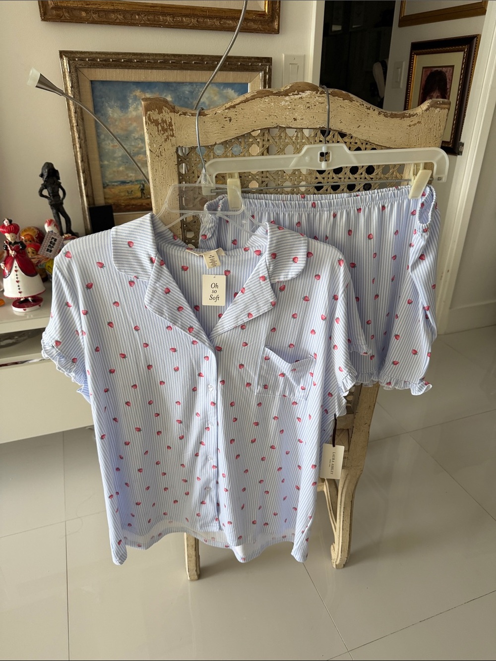 Laura Ashley Light Blue Striped  with Pink "Strawberries" PJ Short Set